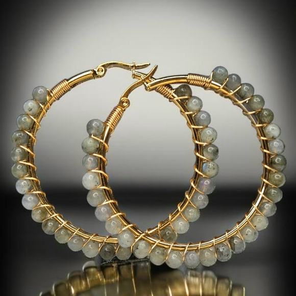 Designer Jewelry - 18k Gold Plated Boho Labradorite Stone Wire Wrapped Bead Hoops